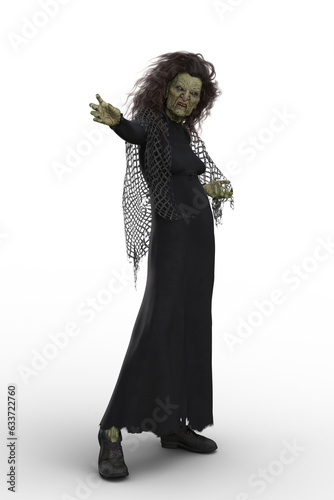 Evil old Halloween witch with green skin. Isolated 3D illustration.