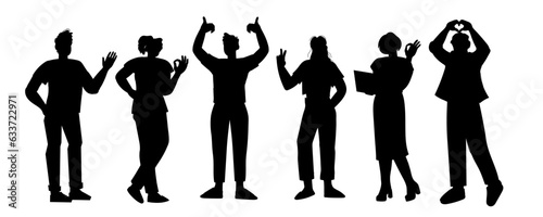 Silhouettes of people with positive OK hand gestures for good teamwork business concept. Black silhouette of happy cheerful people showing sign OK, vector illustration isolated on white.