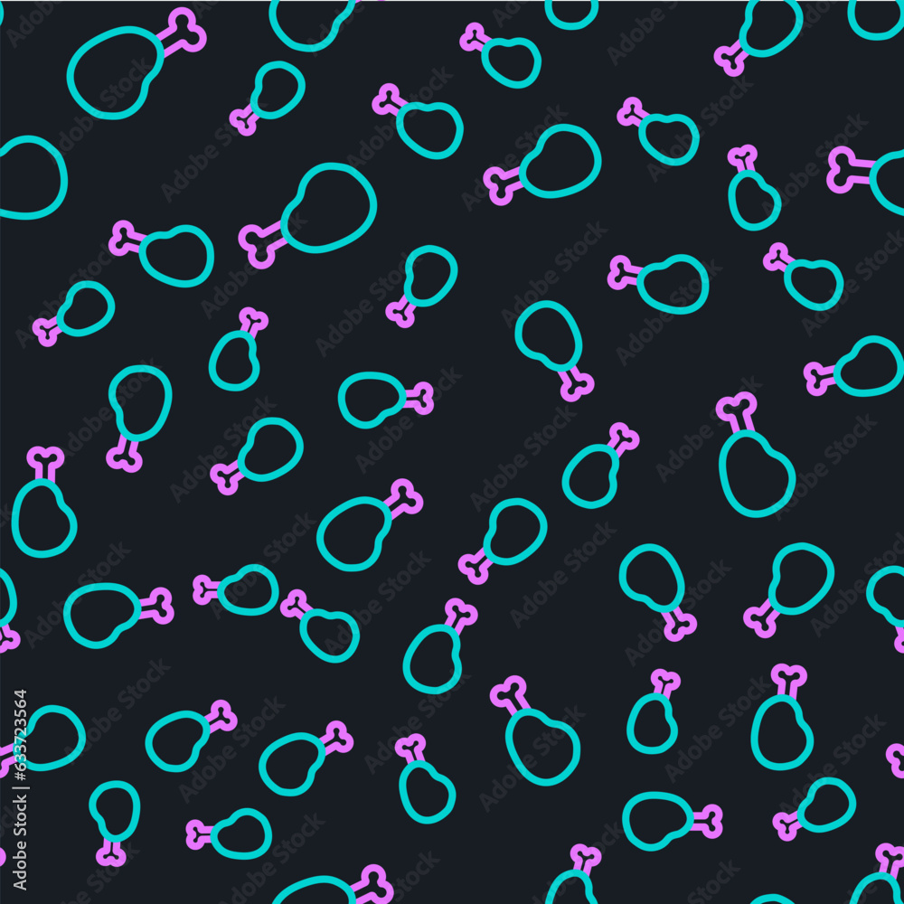 Line Chicken leg icon isolated seamless pattern on black background. Chicken drumstick. Vector