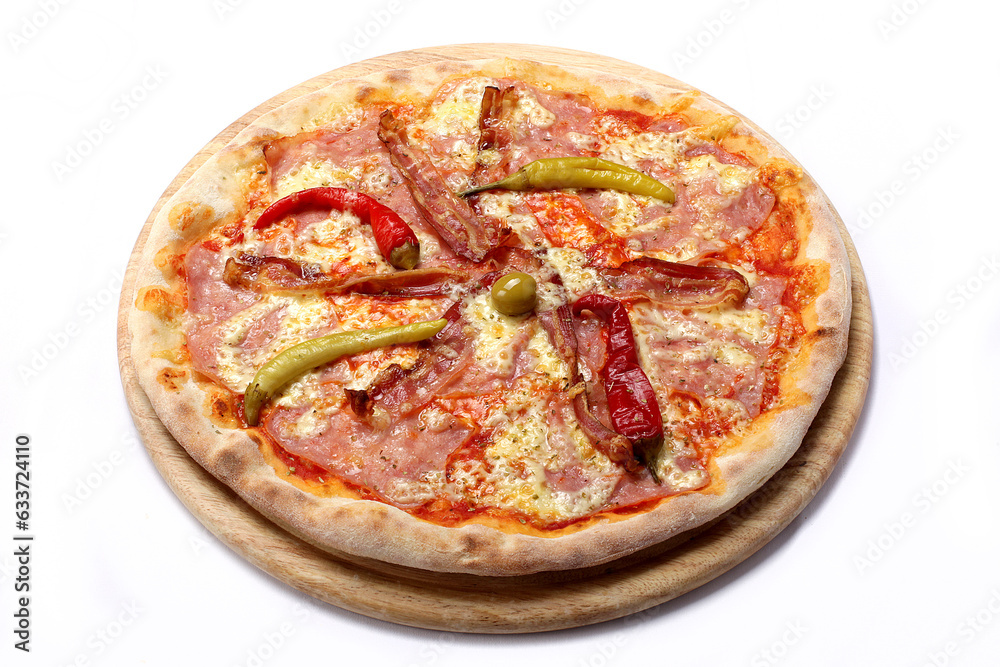 Pizza Picante on a wooden tray