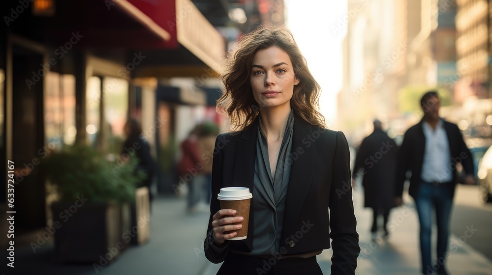 Fototapeta premium A woman in a suit with coffee, city street, early in the morning. Generative AI