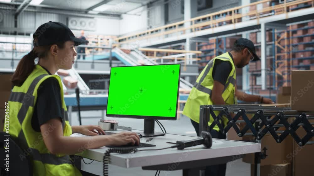 Caucasian Female Stocking Associate Using Green Screen Chromakey Desktop Computer In Distribution Warehouse. Male Colleague Loading Cardboard Boxes On Automated Conveyor Belt In Sorting Center. Caucasian Female Stocking Associate Using Green Screen Chromakey Desktop Computer In Distribution Warehouse. Male Colleague Loading Cardboard Boxes On Automated Conveyor Belt In Sorting Center.