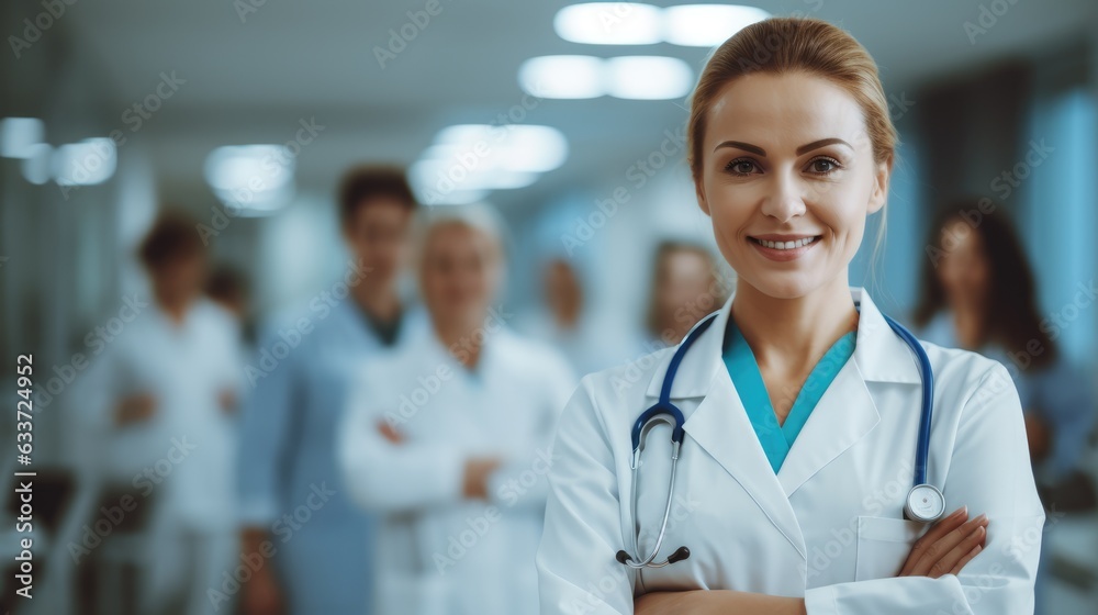 caucasian doctor woman with blured team nurses and assistants, health and professional care, Generative AI caucasian doctor woman with blured team nurses and assistants, health and professional care, Generative AI
