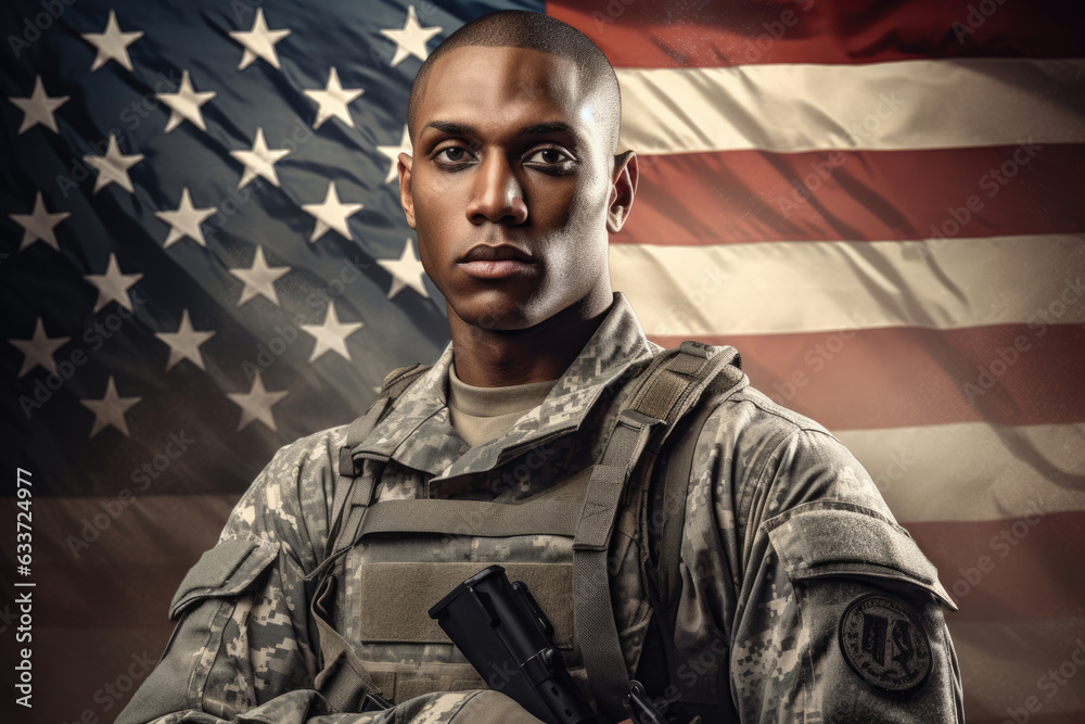 American military on the background of the US flag American military on the background of the US flag