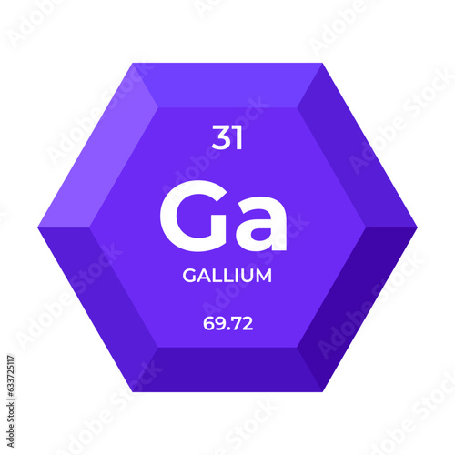 Gallium is chemical element number 31 of the Post Transition Metal group. Icon of chemical element of periodic table in 3d hexagon. Chemistry for children, elementary education.