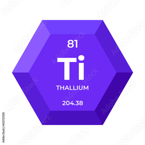 Thallium is chemical element number 81 of the Post Transition Metal group. Icon of chemical element of periodic table in 3d hexagon. Chemistry for children, elementary education.