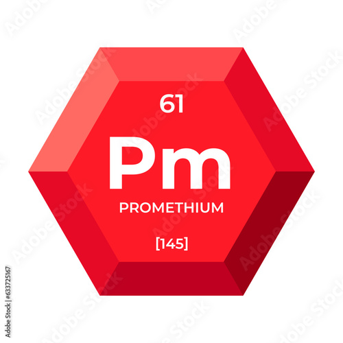 Promethium is chemical element number 61 of the Lanthanide group. Icon of chemical element of periodic table in 3d hexagon. Chemistry for children, elementary education.