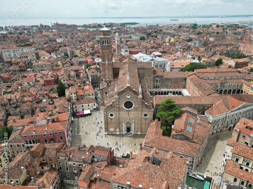 Basilica Santa Maria Gloriosa dei Frari, front aerial view, Venice