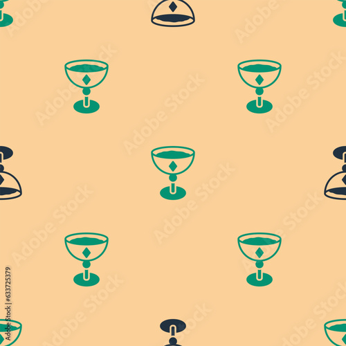 Green and black Medieval goblet icon isolated seamless pattern on beige background. Vector