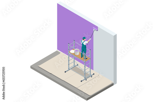Isometric Worker painting the wall. Extensive scaffolding providing platforms for work