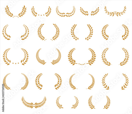 Collection of gold laurel wreath isolated on white background vector illustration 
