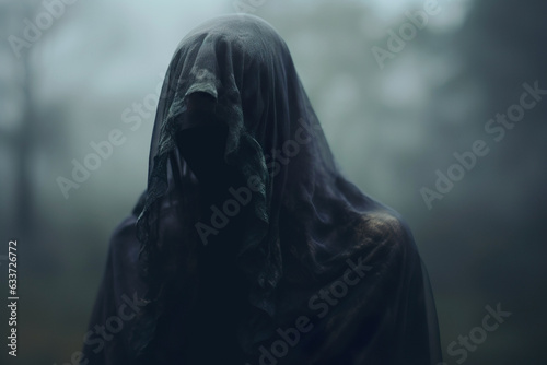 Mysterious faceless figure in the fog. Eerie and somber atmosphere with elements of solitude.