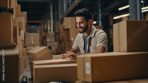 A Cheerful Office Assistant Sporting a Smile While Skillfully Performing Tasks Within a Dynamic Warehouse Office