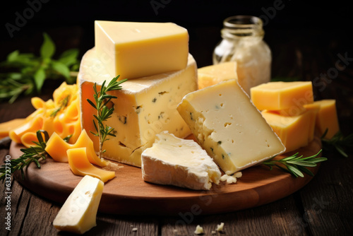 A set of different types of cheese on a wooden board