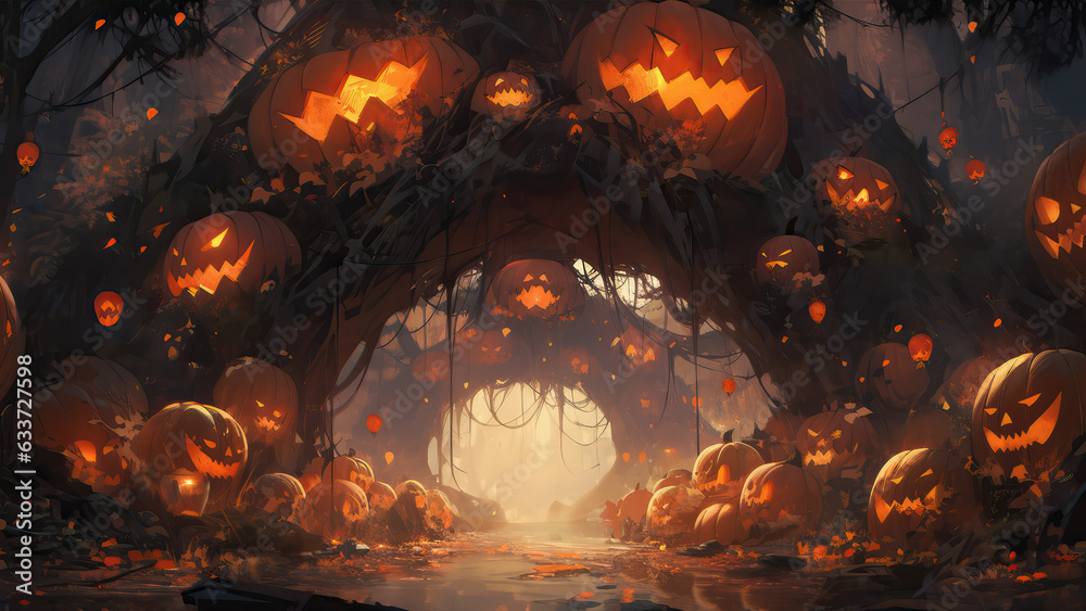 halloween scene horror background with creepy pumpkins of spooky Halloween haunted mansion Evil houseat night with full moon, Generative AI. halloween scene horror background with creepy pumpkins of spooky Halloween haunted mansion Evil houseat night with full moon, Generative AI.