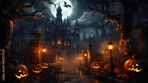 halloween scene horror background with creepy pumpkins of spooky Halloween haunted mansion Evil houseat night with full moon  Generative AI.