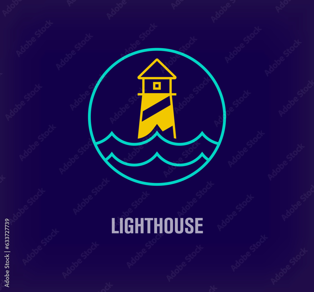 Creative night lighthouse and sea round logo. Unique color transitions. Creative vacation, travel and island tour logo template. vector Creative night lighthouse and sea round logo. Unique color transitions. Creative vacation, travel and island tour logo template. vector