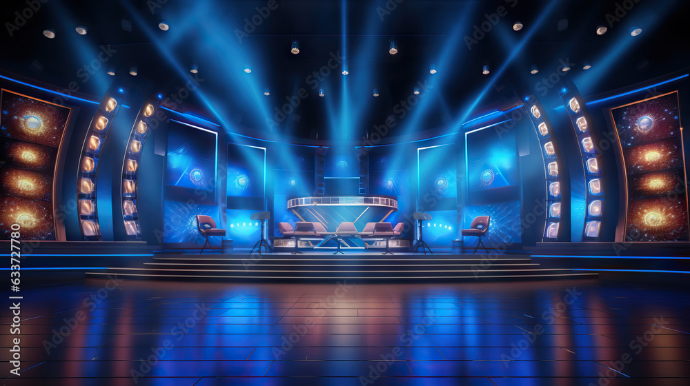 Empty Game Show Talk Show Set With Stage Lights, Chairs, and a Table. Concept of Television Production, Studio Ambiance, Entertainment Setup, Stage Lighting, Talk Show Atmosphere, Showbiz Setting. - obrazy, fototapety, plakaty 