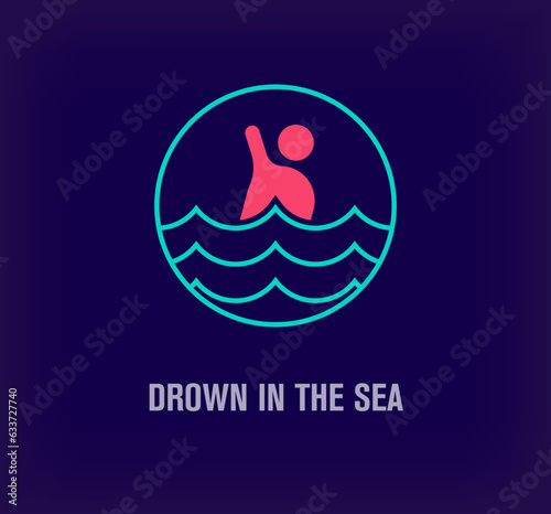 Creative sea and drowning human round logo. Unique color transitions. Rescue, danger and security logo template. vector