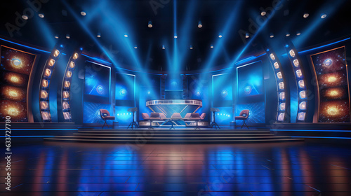 Empty Game Show Talk Show Set With Stage Lights, Chairs, and a Table. Concept of Television Production, Studio Ambiance, Entertainment Setup, Stage Lighting, Talk Show Atmosphere, Showbiz Setting.