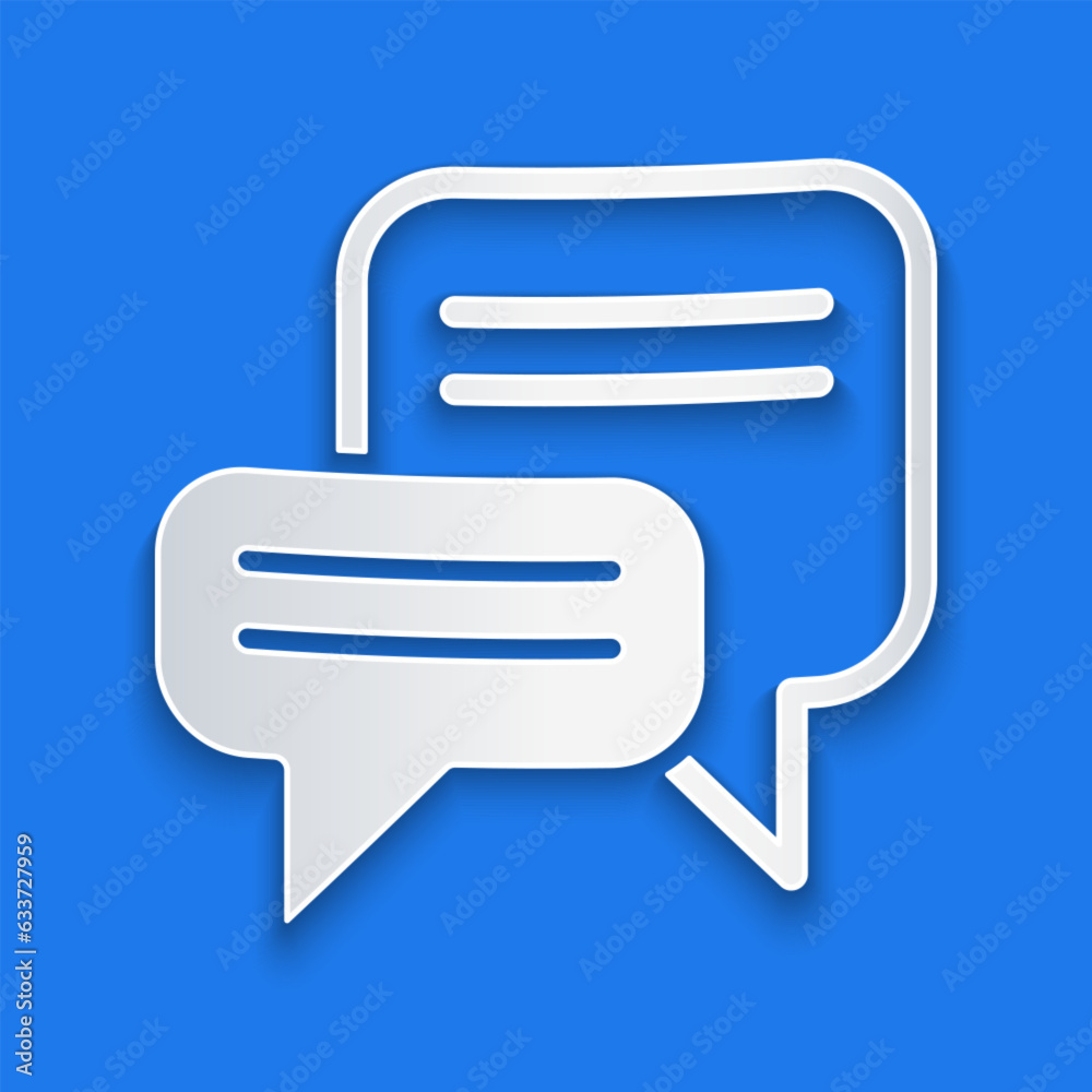 Paper cut Speech bubble chat icon isolated on blue background. Message icon. Communication or comment chat symbol. Paper art style. Vector Paper cut Speech bubble chat icon isolated on blue background. Message icon. Communication or comment chat symbol. Paper art style. Vector