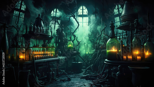 An image of a witch's lab with green poison. Halloween background. Generative AI.