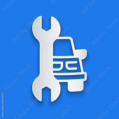 Paper cut Car service icon isolated on blue background. Auto mechanic service. Repair service auto mechanic. Maintenance sign. Paper art style. Vector