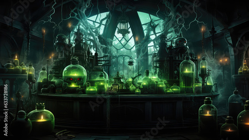 An image of a witch's lab with green poison. Halloween background. Generative AI.