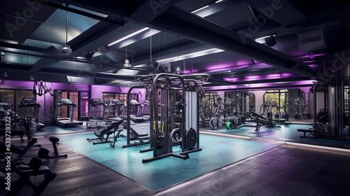 Stepping into a Dynamic Gym Interior Illuminated by Colorful Lights