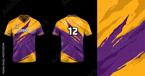 Tshirt mockup sport jersey template design for football soccer, racing, gaming, sports jersey abstract design purple orange color