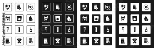 Set Shield and heart rate, Nurse hat with cross, Doctor appointment, Emergency phone call hospital, Donate drop blood, Medicine bottle pills, Bottle nasal spray and Crutch crutches icon. Vector