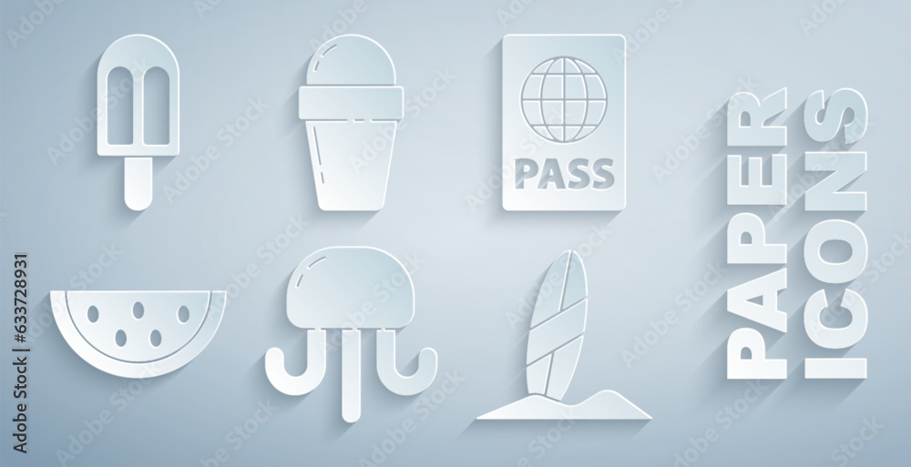 Set Jellyfish, Passport, Watermelon, Surfboard, Ice cream in waffle cone and icon. Vector