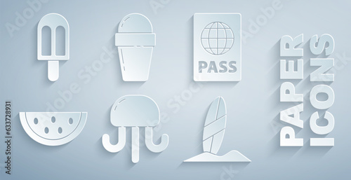 Set Jellyfish  Passport  Watermelon  Surfboard  Ice cream in waffle cone and icon. Vector