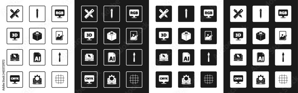 Set Speech bubble with RGB and CMYK, Isometric cube, text 3D, Crossed ruler pencil, Graphic tablet, Pencil eraser, Paint brush and Laptop cursor icon. Vector Set Speech bubble with RGB and CMYK, Isometric cube, text 3D, Crossed ruler pencil, Graphic tablet, Pencil eraser, Paint brush and Laptop cursor icon. Vector