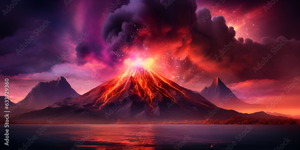 Fantasy volcano neon colors magic lights , Volcano with lava spewing out of it , Night fantasy landscape with abstract mountains and island on the water explosive volcano with burning lava Neural