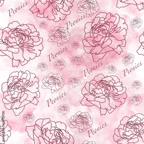 Seamless pattern with lined peonies on the watercolour pink background