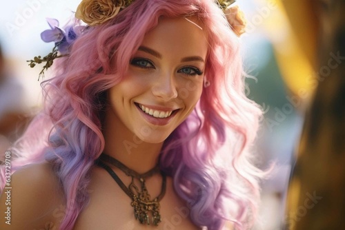 Portrait of woman with Halloween fairy costume with pastel purple hair