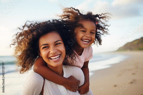 Love and parenthood concept. Mother and daughter having fun on the beach - Portrait of happy woman giving a piggyback ride to cute little girl.