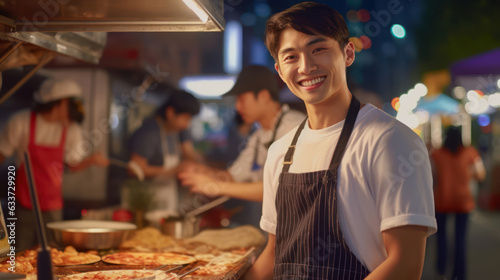 Portrait of smiling asian man cooking in a street