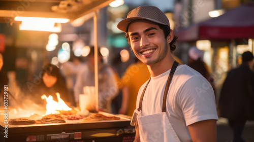 Portrait of smiling asian man cooking in a street