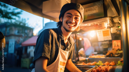Portrait of smiling asian man cooking in a street