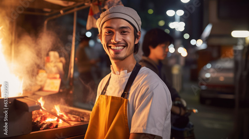 Portrait of smiling asian man cooking in a street
