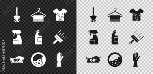 Set Toilet brush, Towel on hanger, Dirty t-shirt, Temperature wash, Washer, Rubber gloves, Cleaning spray bottle and Bottle for cleaning agent icon. Vector
