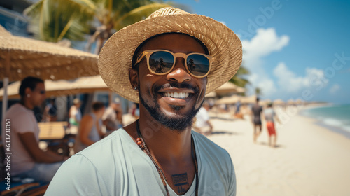 Portrait of a man on the beach. Generative AI