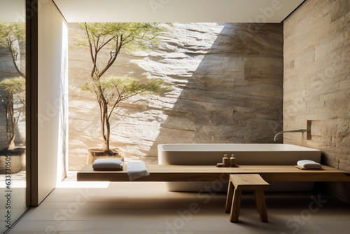 Modern japandi style bathroom . Bright space for relaxation and harmony. Zen vibes photo