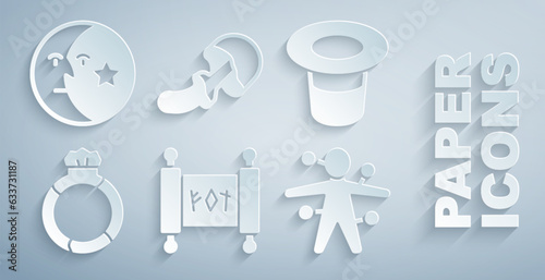Set Magic scroll, hat, stone ring with gem, Voodoo doll, Psilocybin mushroom and Moon and stars icon. Vector