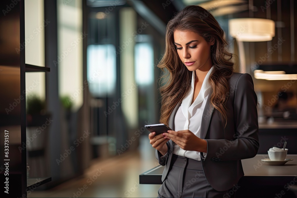 Communicative Businesswoman Texting in Professional Office for Boosting Sales and Marketing Career. Generative AI Communicative Businesswoman Texting in Professional Office for Boosting Sales and Marketing Career. Generative AI