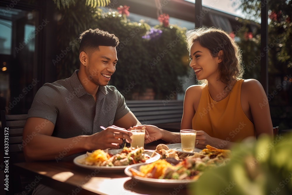 Lovely smiling couple prepared healthy food outdoor in backyard during sunset