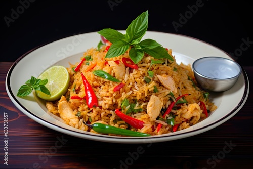 Fancy Thai Fried Rice with Chicken - Asian Cookery Presentation for Epicure Food Lovers. Generative AI