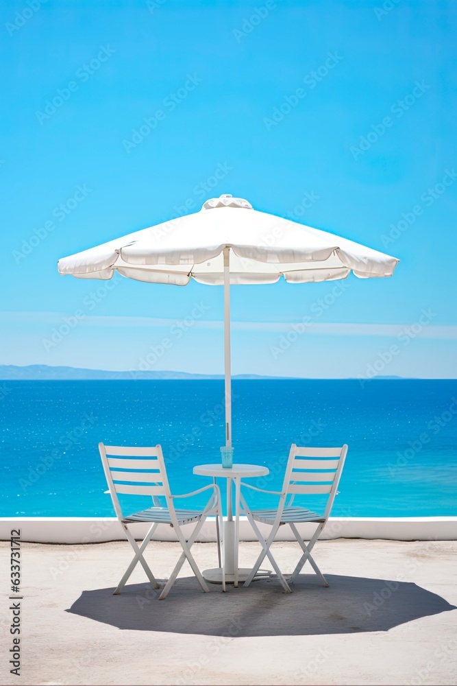 White Beach Umbrella with Table and Chairs on Sunny Blue Sky Background for Hot Summer Rest and Travel. Generative AI